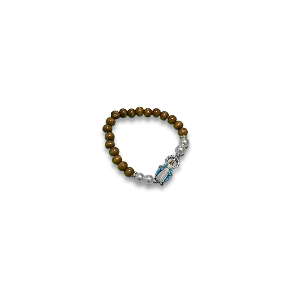 [029] Pulseira Bolinhas de Madeira com Perola Nossa Senhora das Gracas