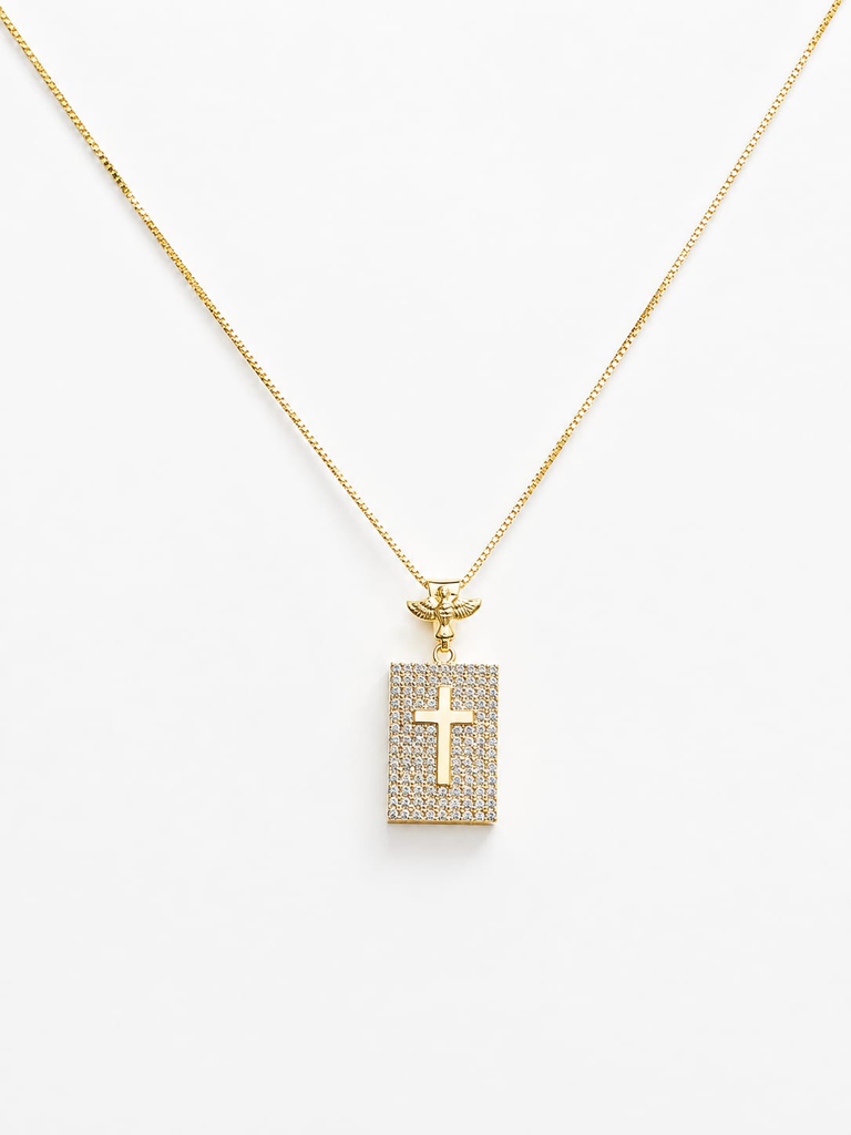 [091] Colar Dourado Quadrado Cravejado com Cruz ao Meio