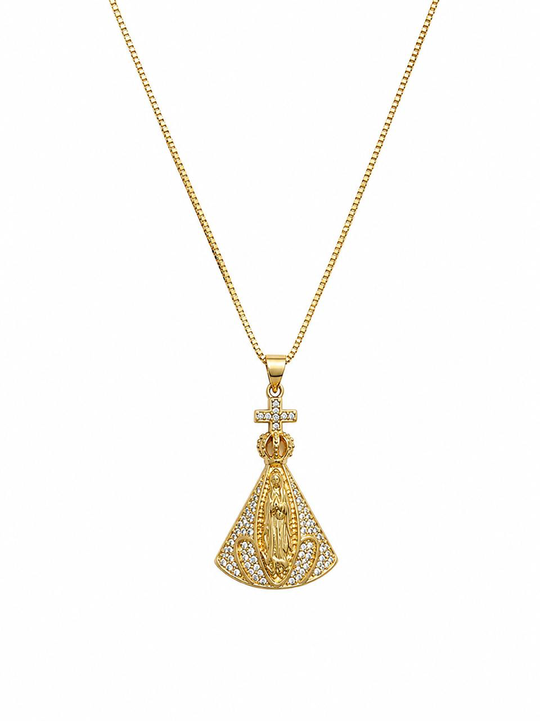 Colar Dourado Nossa Senhora Aparecida Manto Cravejado Grande