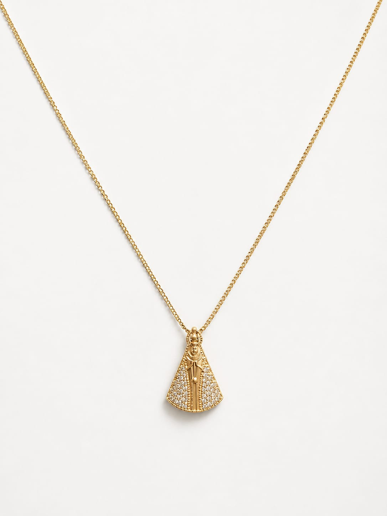 [097] Colar Nossa Senhora Aparecida Manto Cravejado Médio Dourado