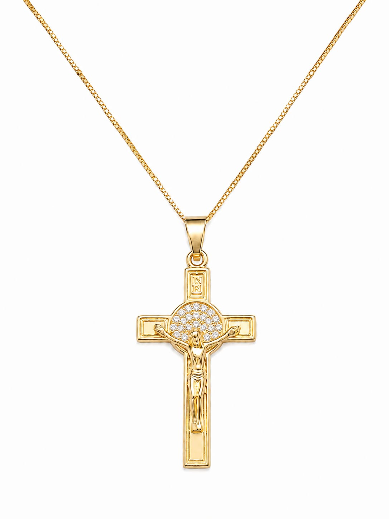 [103] Colar Dourado Crucifixo com Pedras