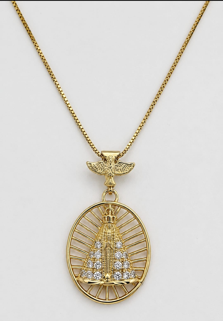 [144] Colar Oval Vazado Nossa Senhora de Aparecida Cravejado Dourado