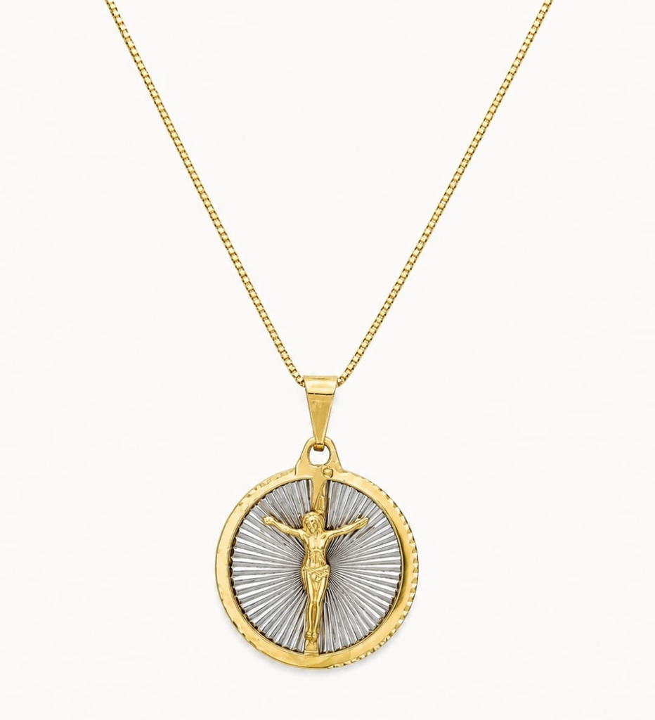 [132] Colar Dourado Redondo Cristo Chapa Inox