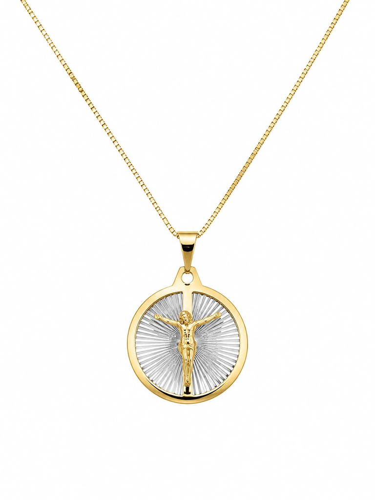 [132] Colar Dourado Redondo Cristo Chapa Inox