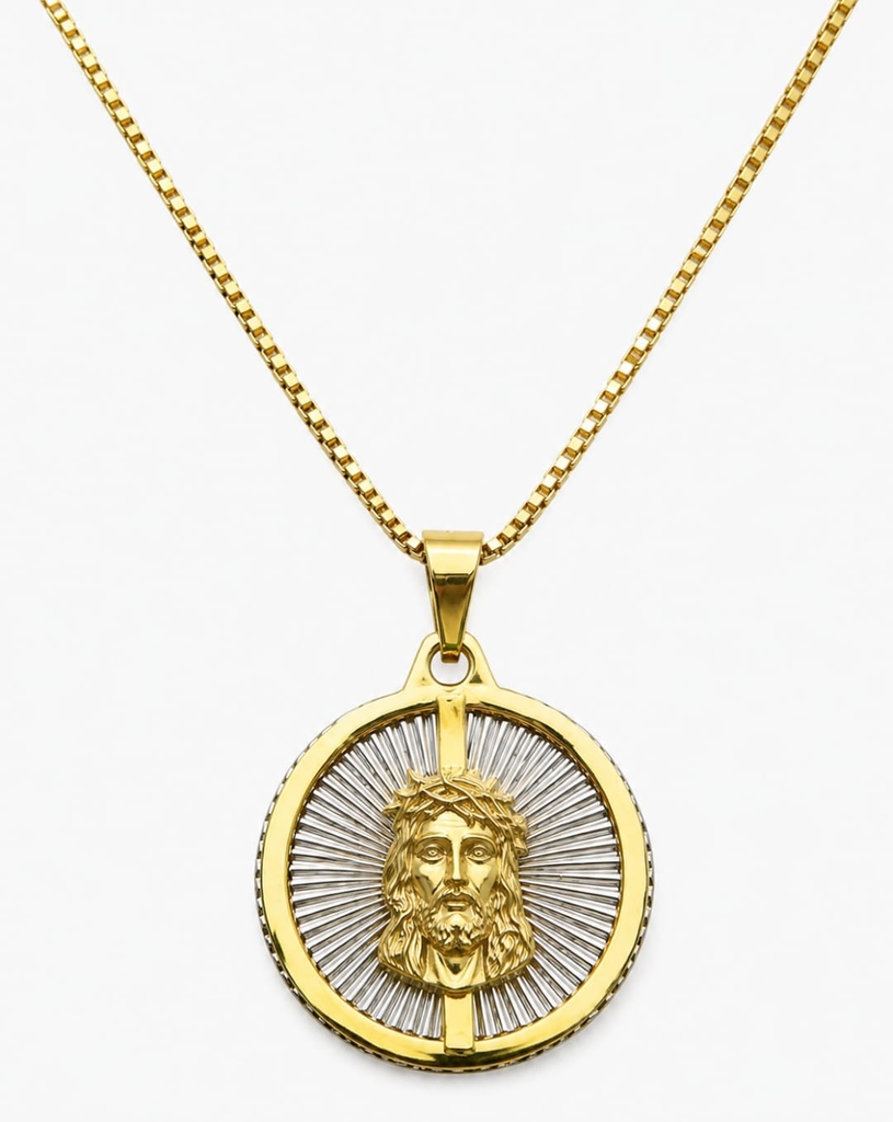 Colar Dourado Redondo Face de Cristo Chapa Inox