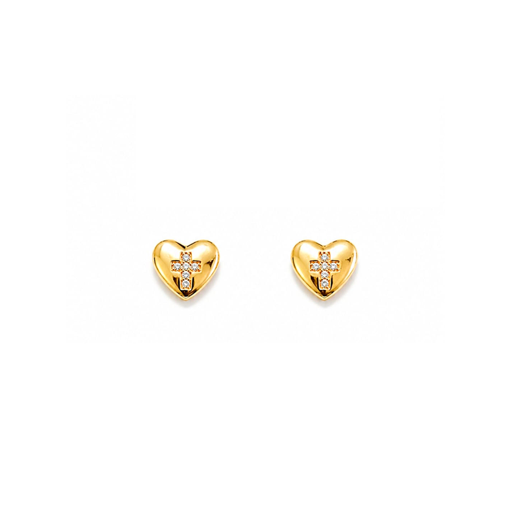 [115] Brinco Dourado Coração Mini com Cruz Cravejada Zircônia