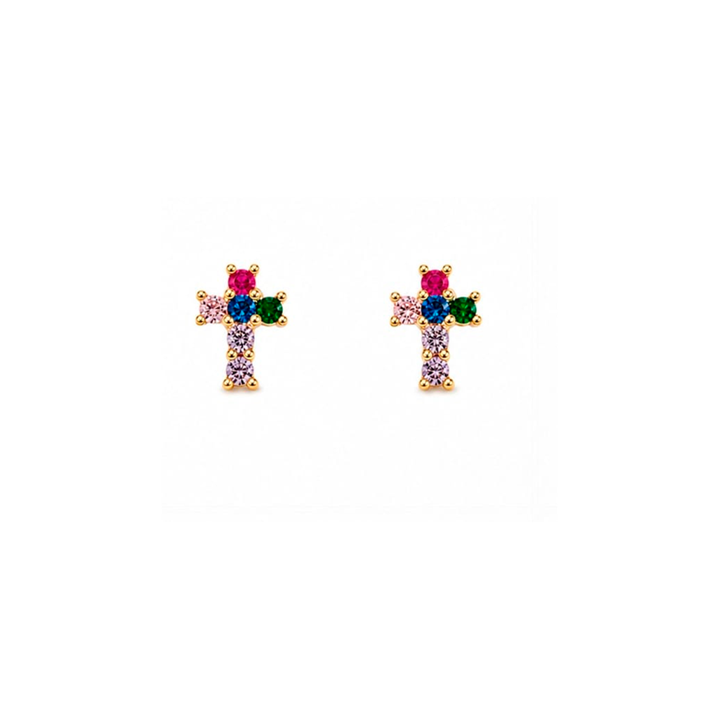 [114] Brinco Dourado Mini Cruz Cravejada Colorida
