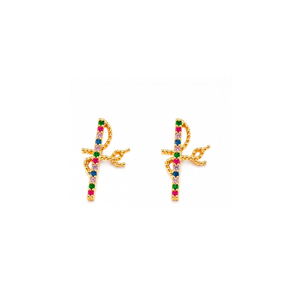 [119] Brinco Dourado Fé Colorido Zircônia Cravejado