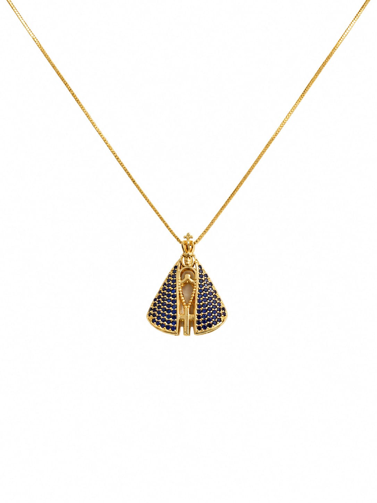[117] Colar Dourado Nossa Senhora de Aparecida Manto Cristal e Azul